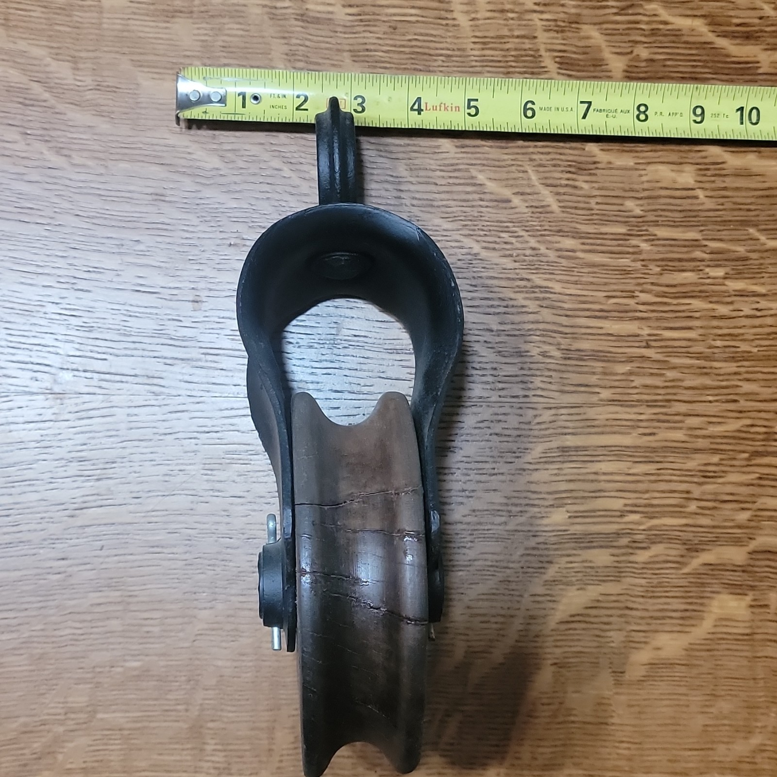 Antique Wood & Cast Iron Pulley Block w/ Strap Ring, Approx. 11 in