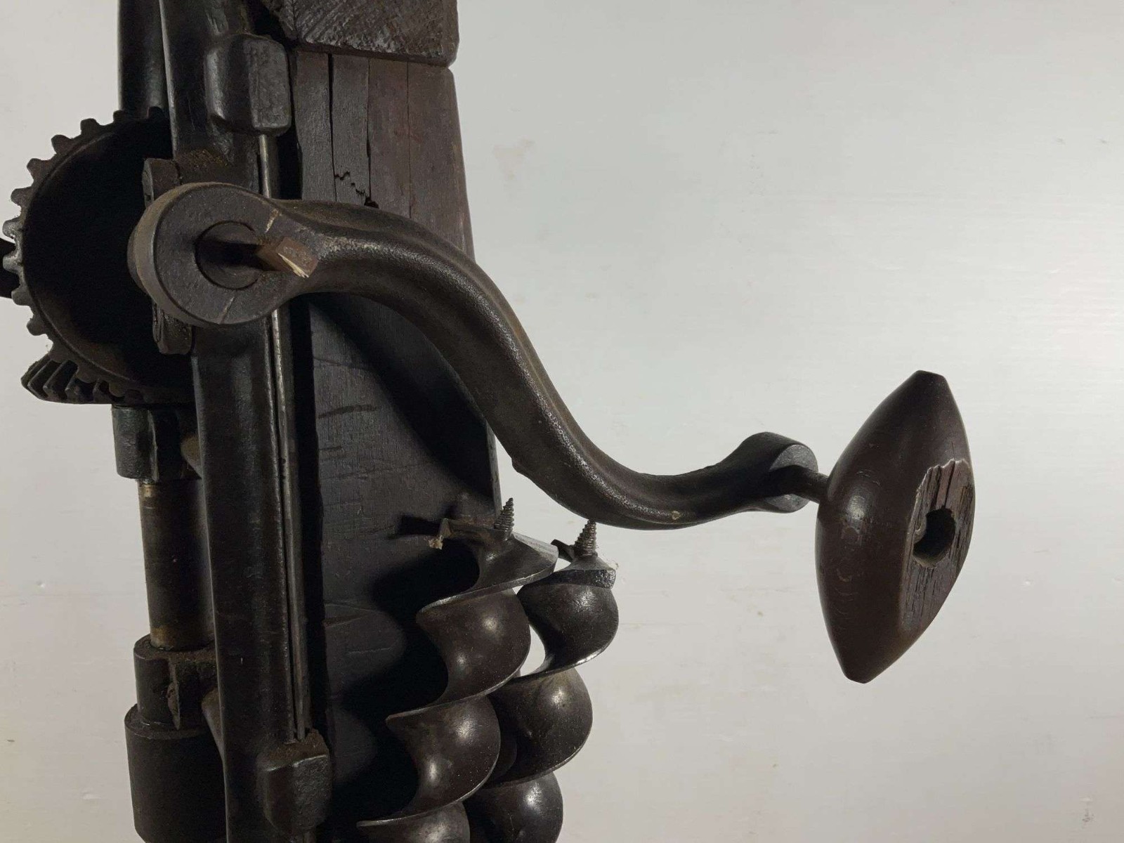 Hand‑Cranked Cast Iron and Wood Barn Beam Boring Machine with Auger Bits