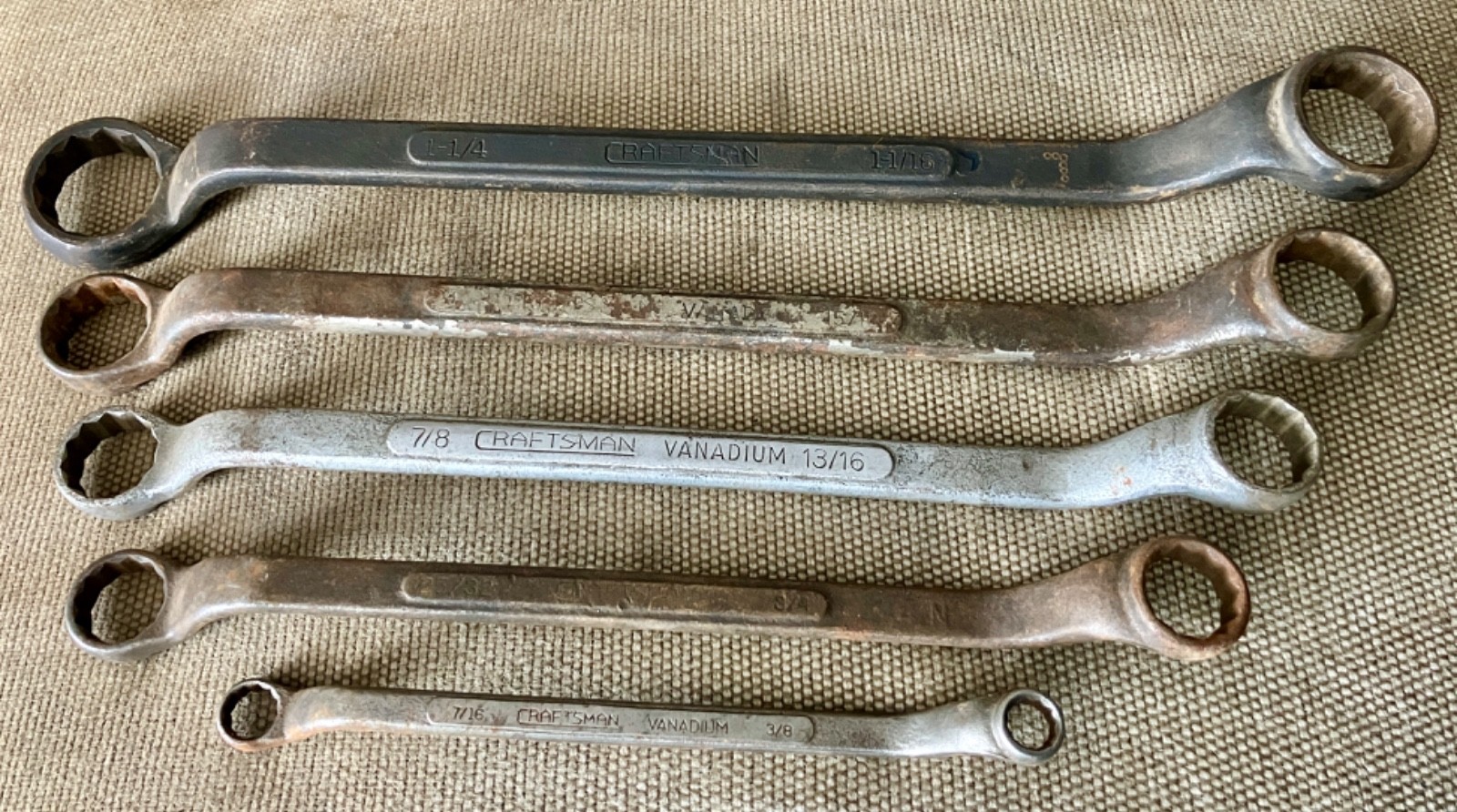 Lot of 5 Vintage Craftsman Offset Box End Wrenches CI – USA – 3/8″ to 1-1/4″