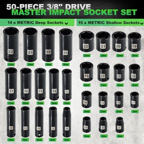 3/8″ Drive Impact Socket Set, 50 Piece Standard SAE (5/16 to 3/4 inch) and