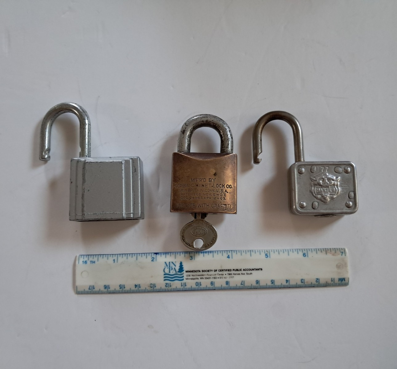 Antique Corbin Brass Padlock with Key + Vintage Master Lock 77 Lion Head Lot