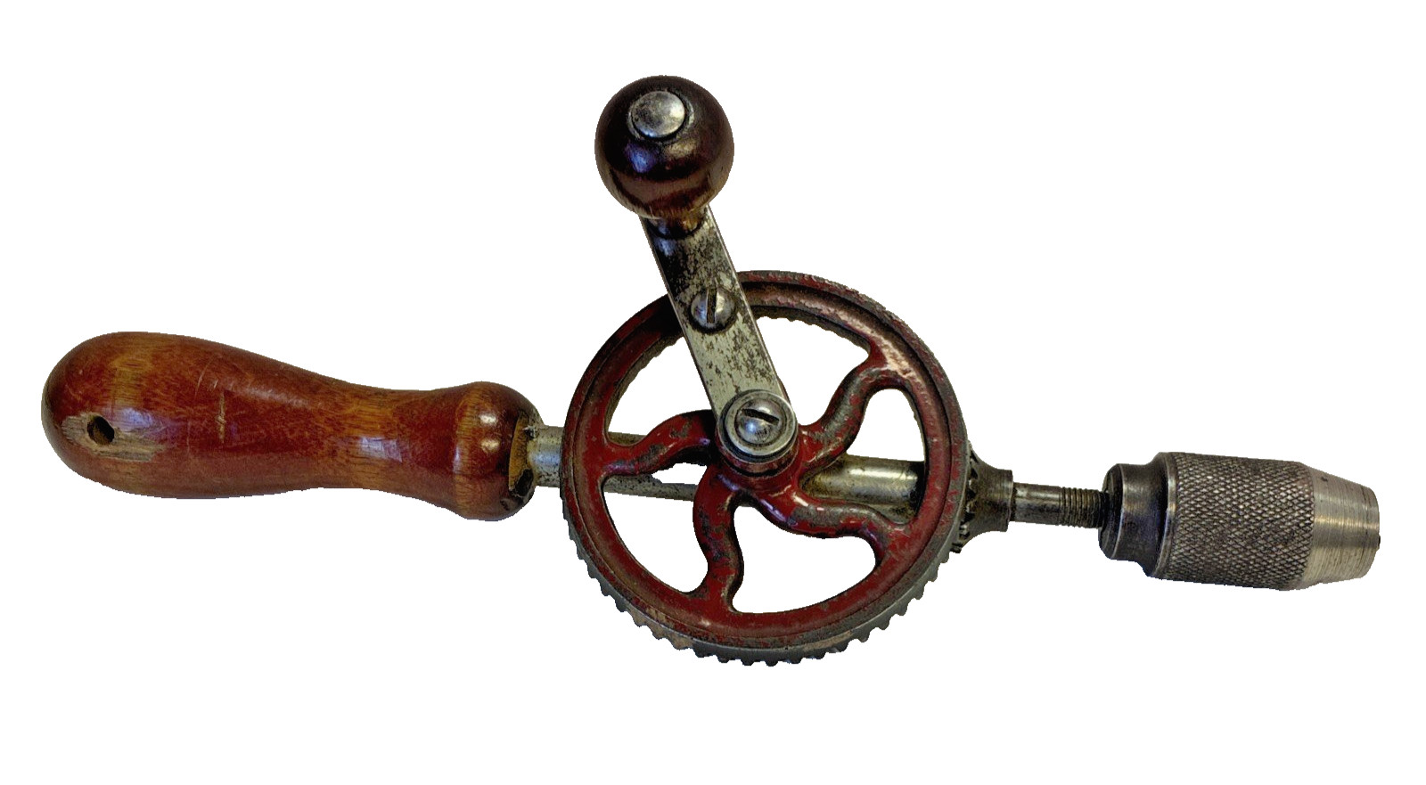 Vintage Hand Drill Wood Handle Eggbeater Style – Unmarked Manual Red Gear Drill