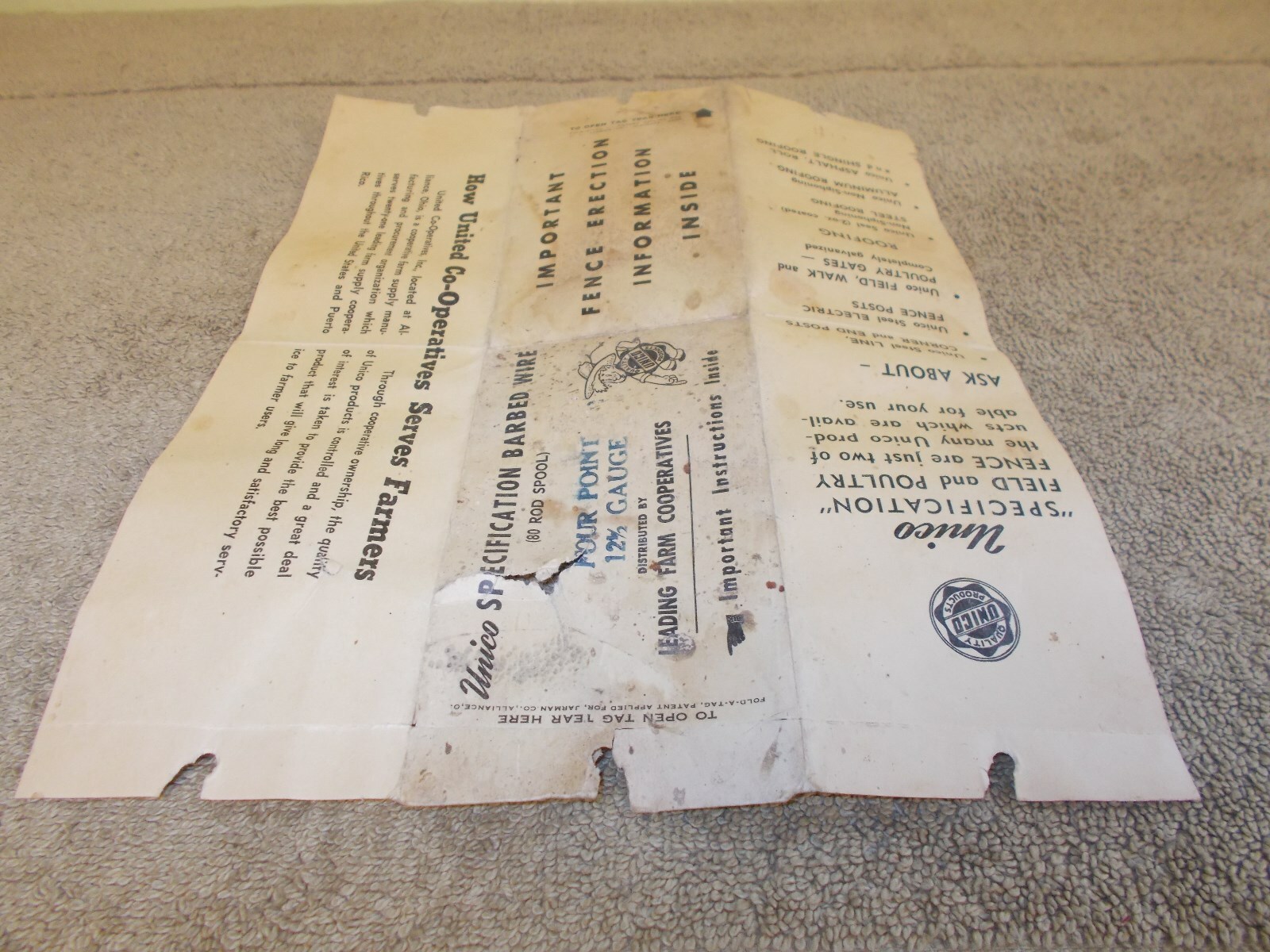 VINTAGE UNICO BARB WIRE FENCE SPOOL PAPER LABEL FARM ANIMALS ADVERTIZING SIGN