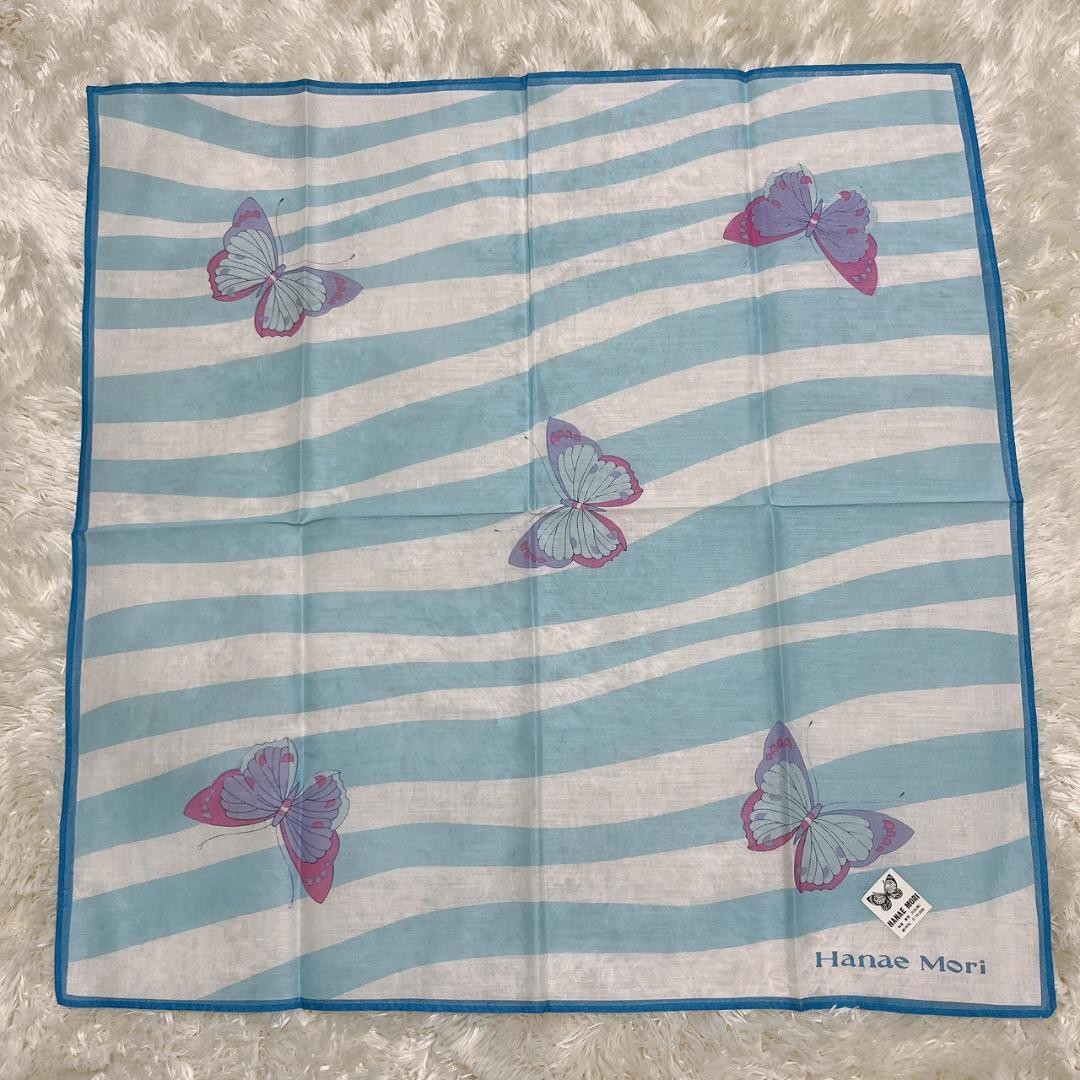 Hanae Mori Handkerchief Cotton Blue Striped Butterfly Made in Japan Used