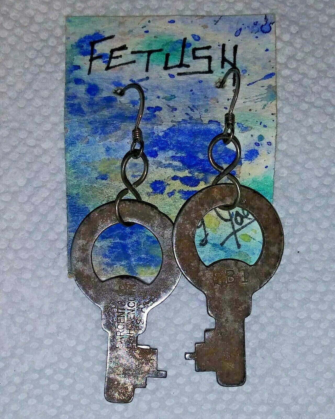 Artisan Earrings Antique SARGENT New Haven CT flat steel KEYS sterling hooks 🔑