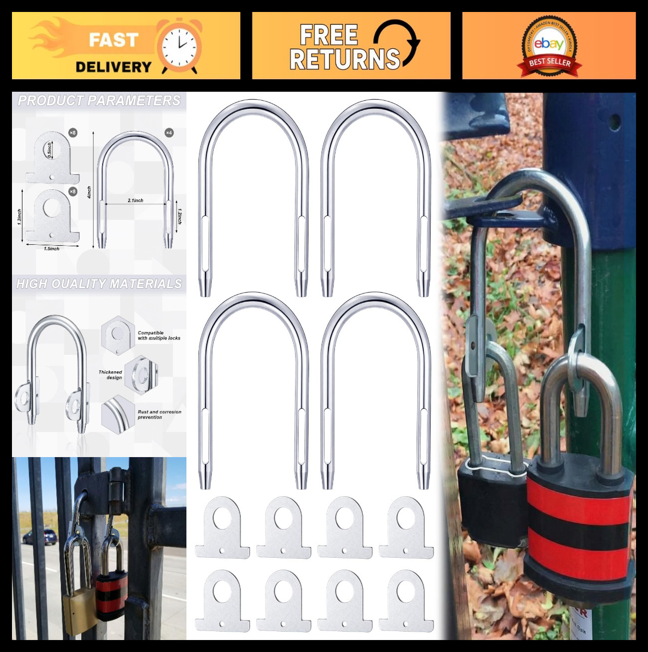 4 Sets Lock Gate Padlock System with U Bolt & Links for Schools, Utilities, More