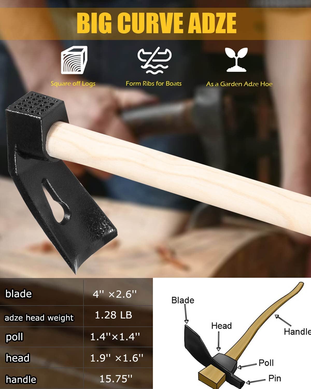for Log Carving Hand AdzeCurved Adze Woodworking Tool Set Wood Carving Bowl Adze