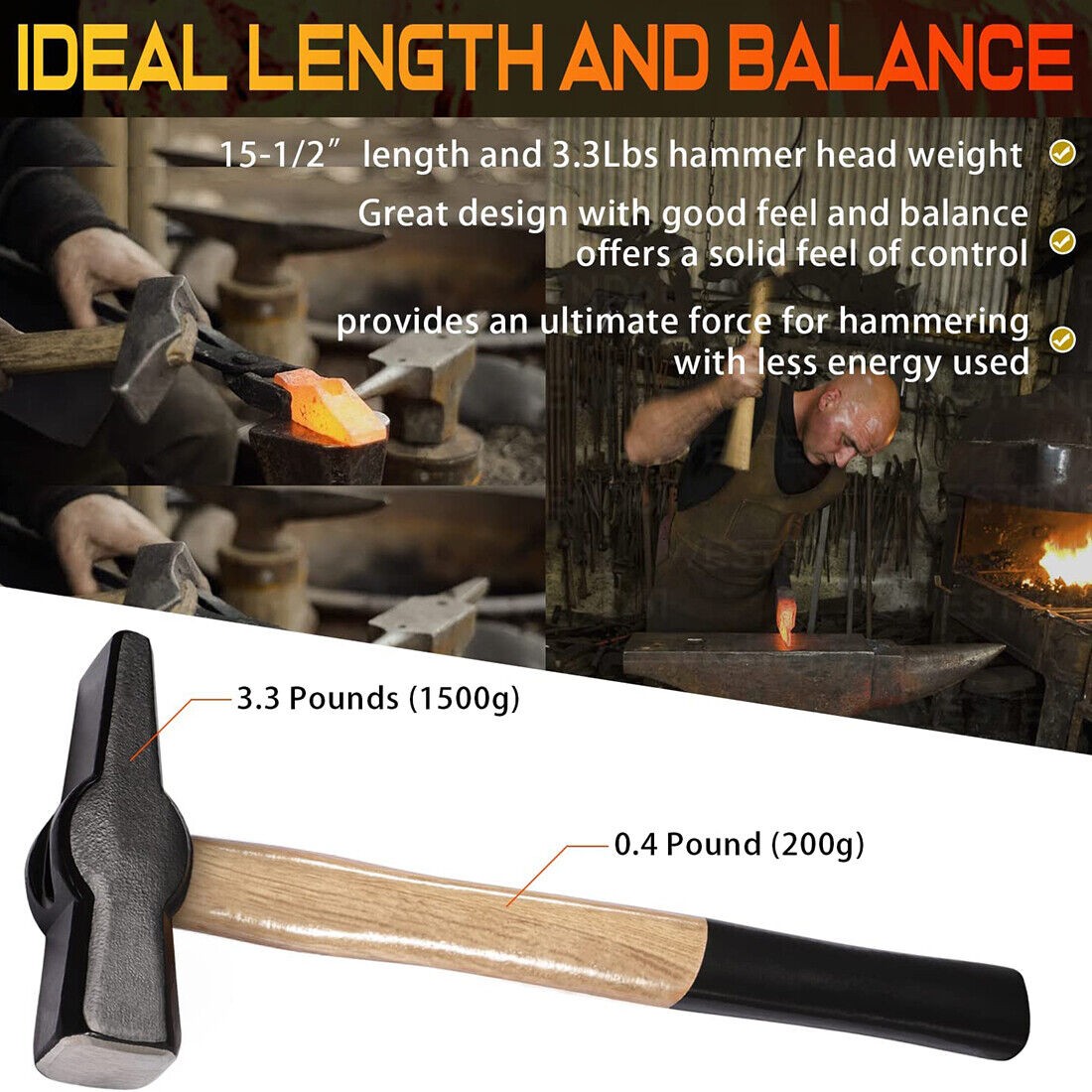 Blacksmiths’ Hammer 0000811-1500 for Knife Making Forge Tongs Vise Anvil Tools