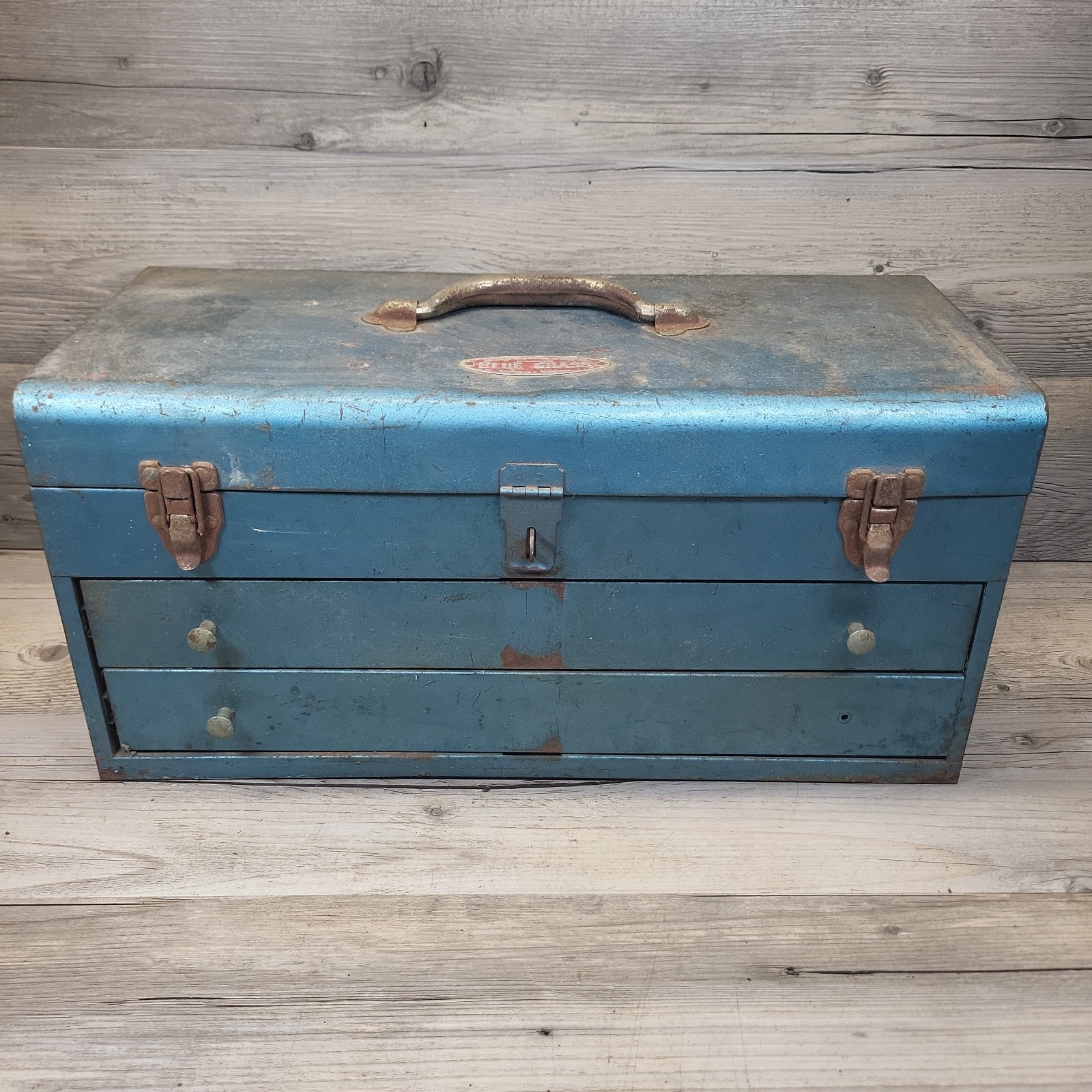 Rare Vtg 20×10 BELKNAP Hardware Blue Grass Two Drawer Locking Tool Box