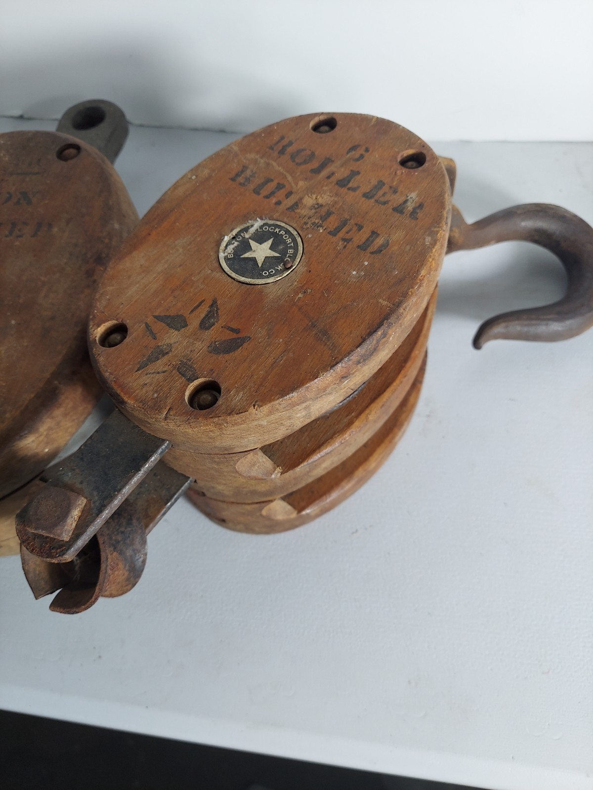 LOT 2 Antique Boston Lockport Block Co USA Block and Tackle Pulley Wooden 13.5″