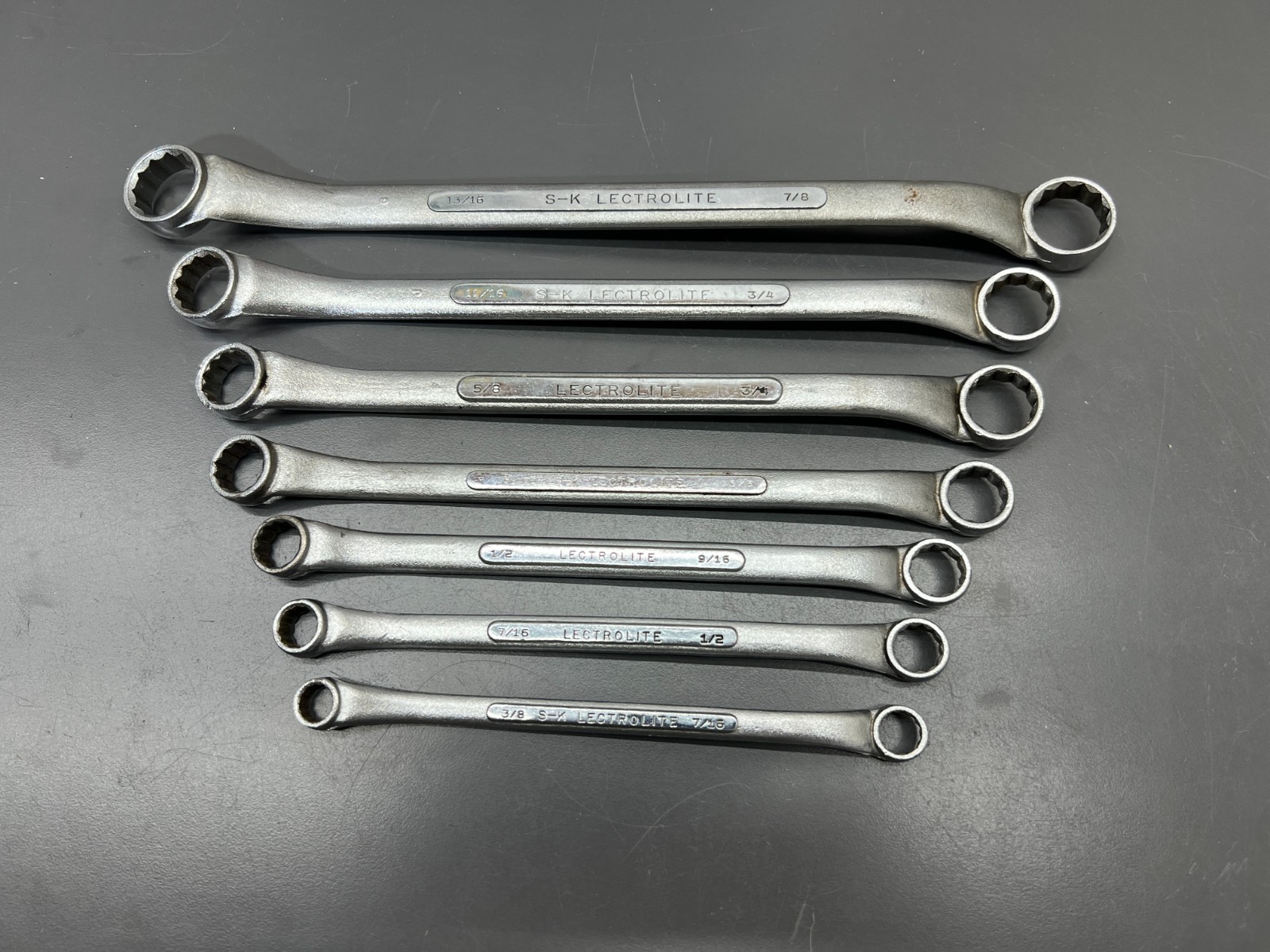 (t) VINTAGE SK S-K LECTROLITE SAE 7pc OFFSET BOX WRENCH SET 3/8-7/8 VGC USA