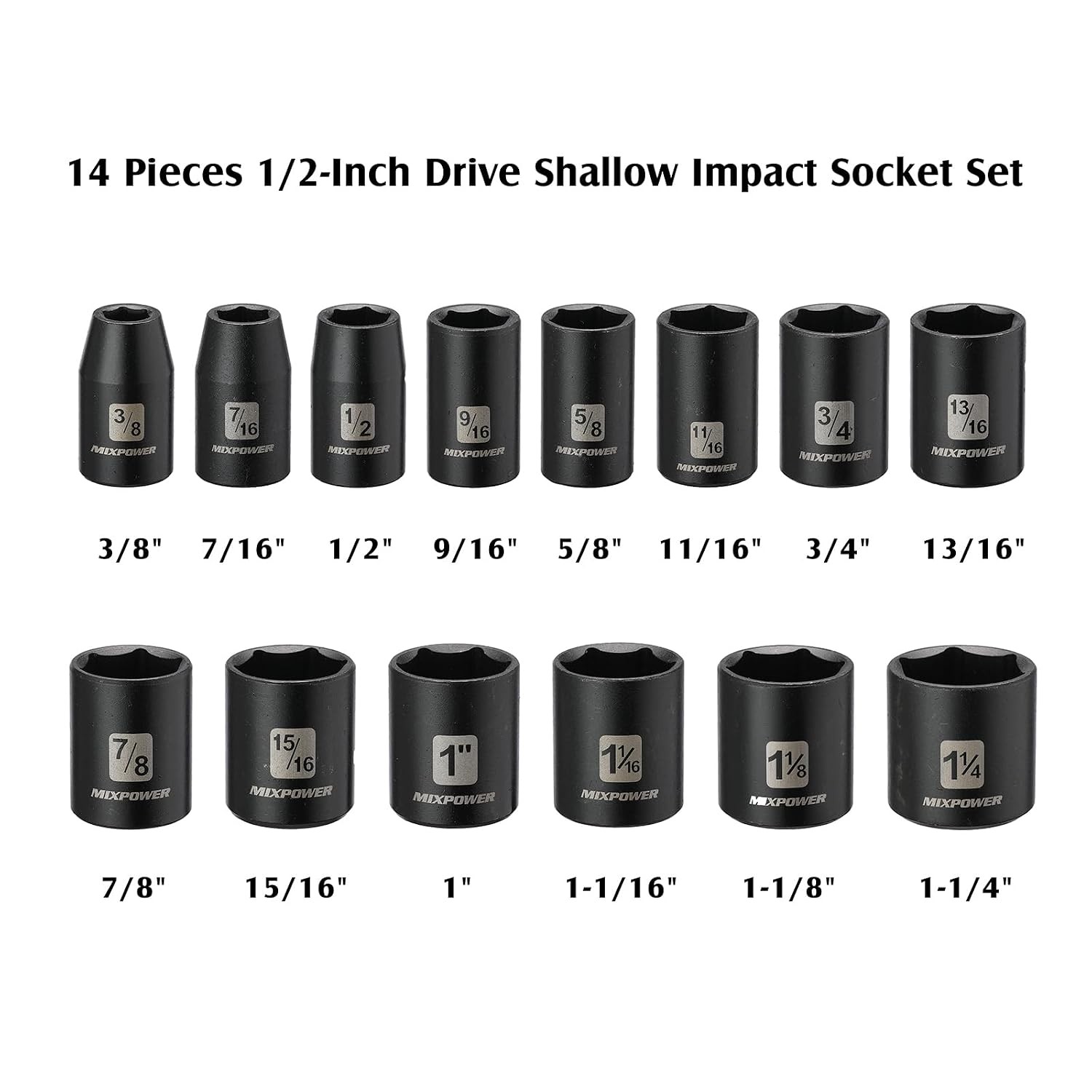 1/2 Inch Drive 14 Piece CRV Shallow Impact Socket Set 3/8 to 1 1/4 Inch