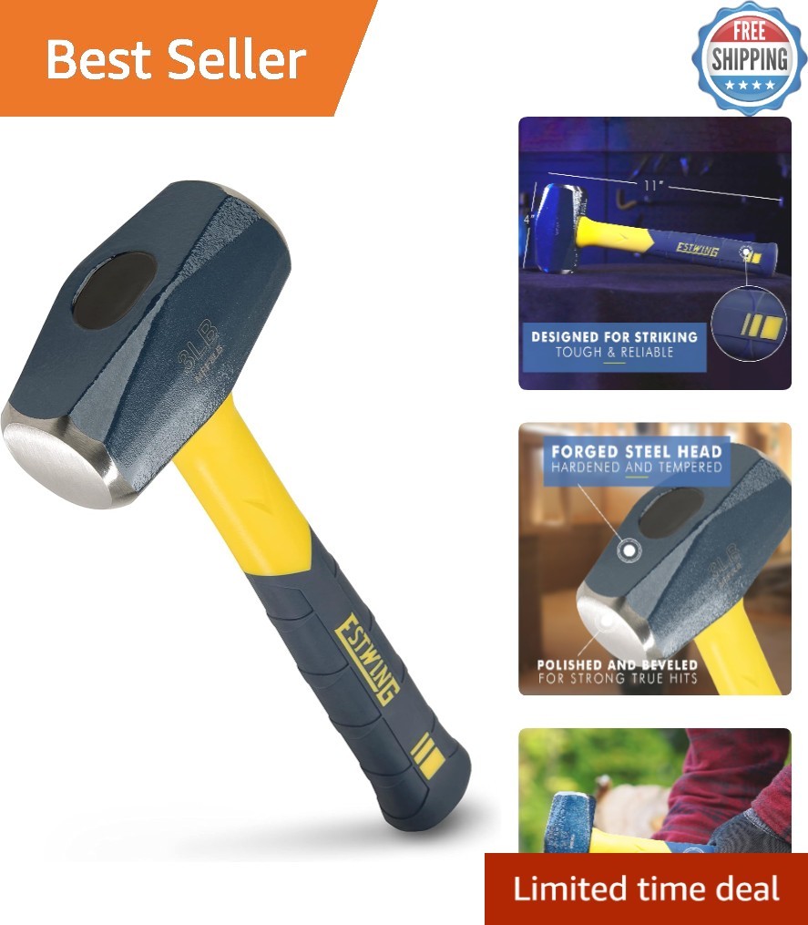 Handy 3-Pound Mini Sledge Hammer with Non-Slip Fiberglass Grip for Versatile Use