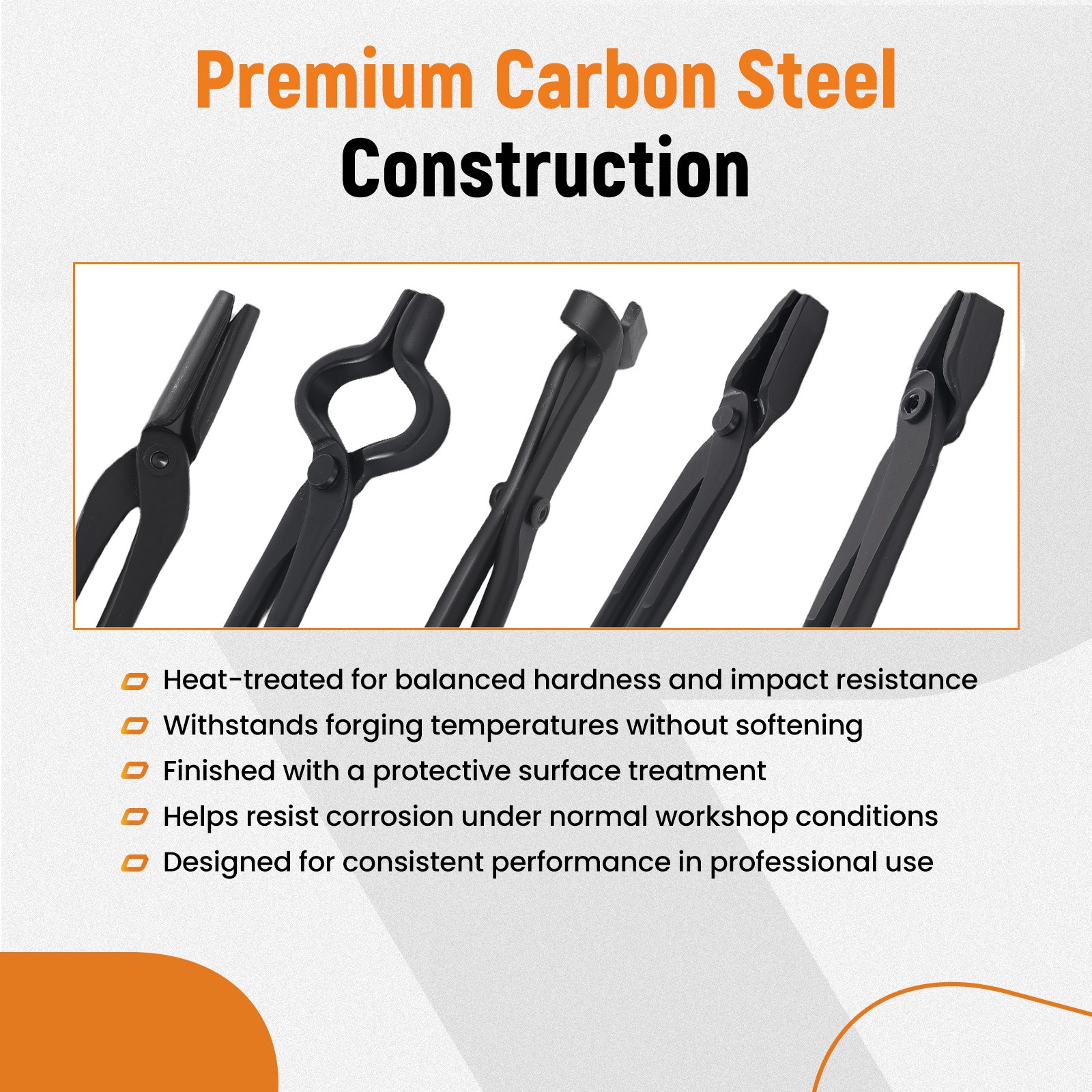 Blacksmith Carbon Steel Tongs 5 Piece Flat Jaw Square Wolf Blade Bolt Set
