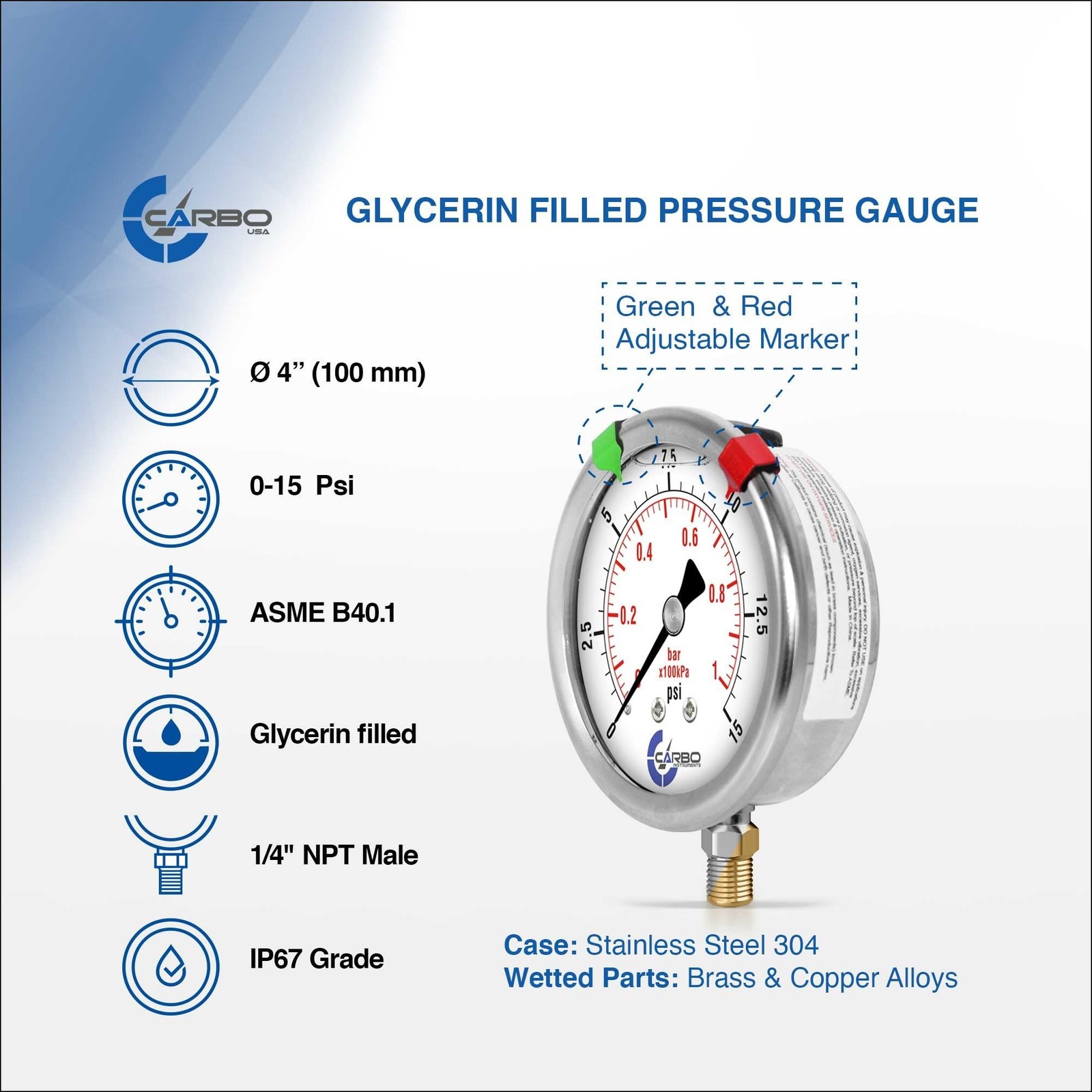 15 PSI Glycerin Liquid Filled Pressure Gauge, 4″ Dial, 1/4 NPT Lower Mount, 3…