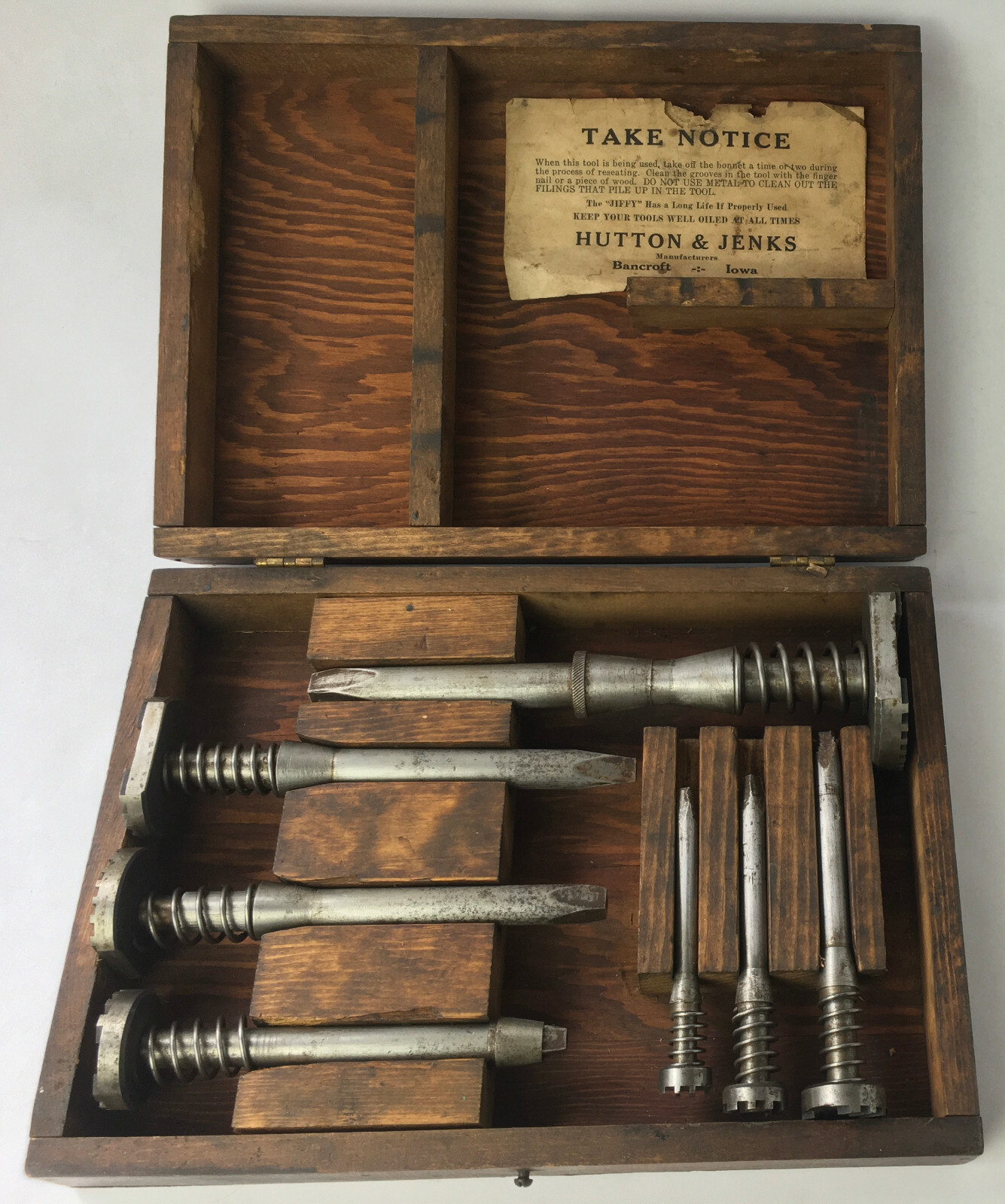 Hutton & Jenks Jiffy Valve Seat Surfacing Set in Wood Box Bancroft Iowa C. 1935
