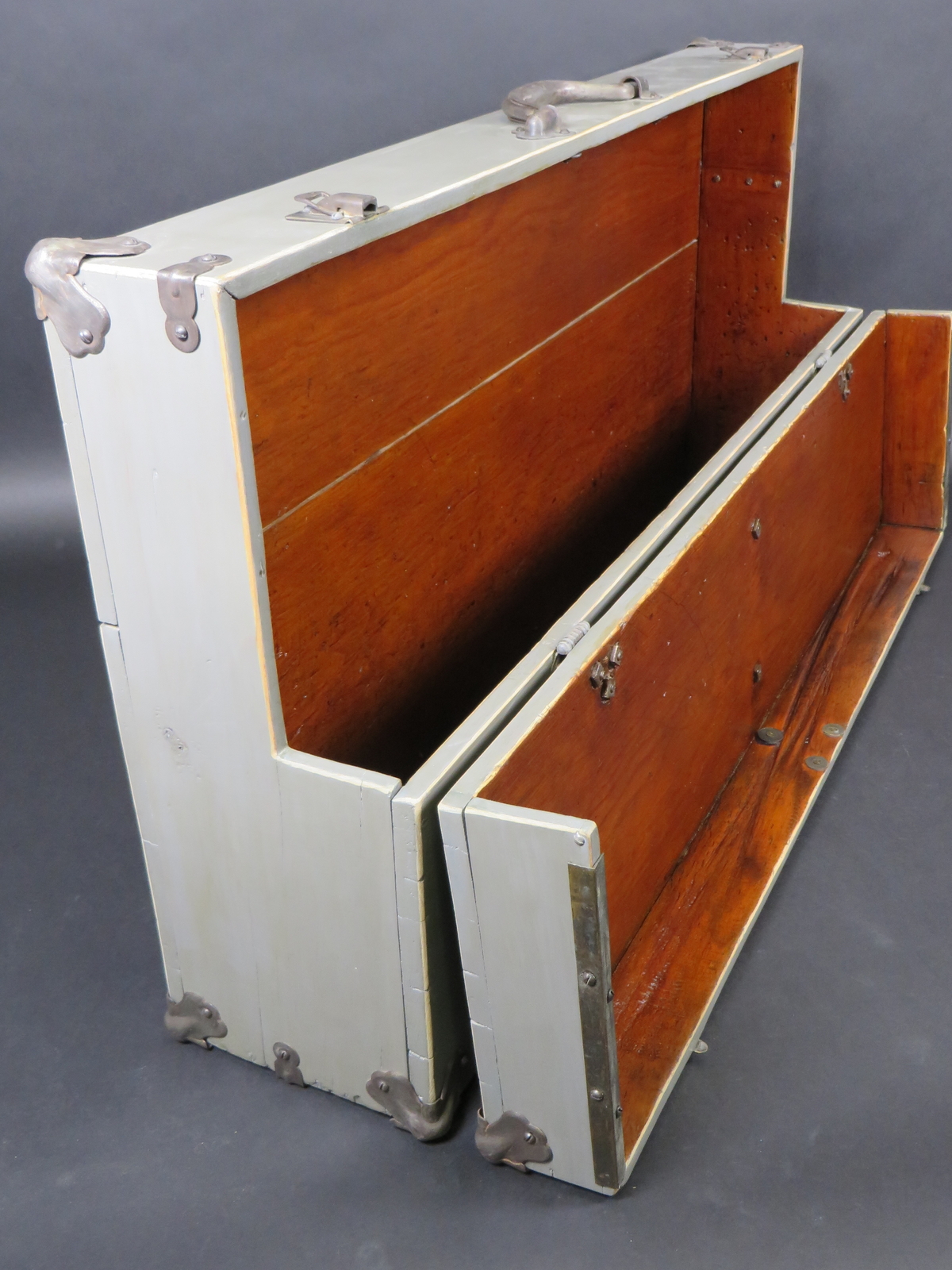 Antique Suitcase Style Gray Wooden Carpenters Toolbox Under Bed Storage Chest