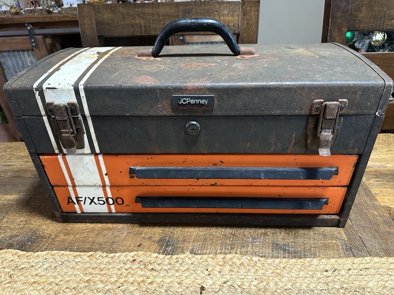 Vintage JCPenney AF/X500 Metal Toolbox 2-Drawer Chest Racing Stripe 1970s – 20”