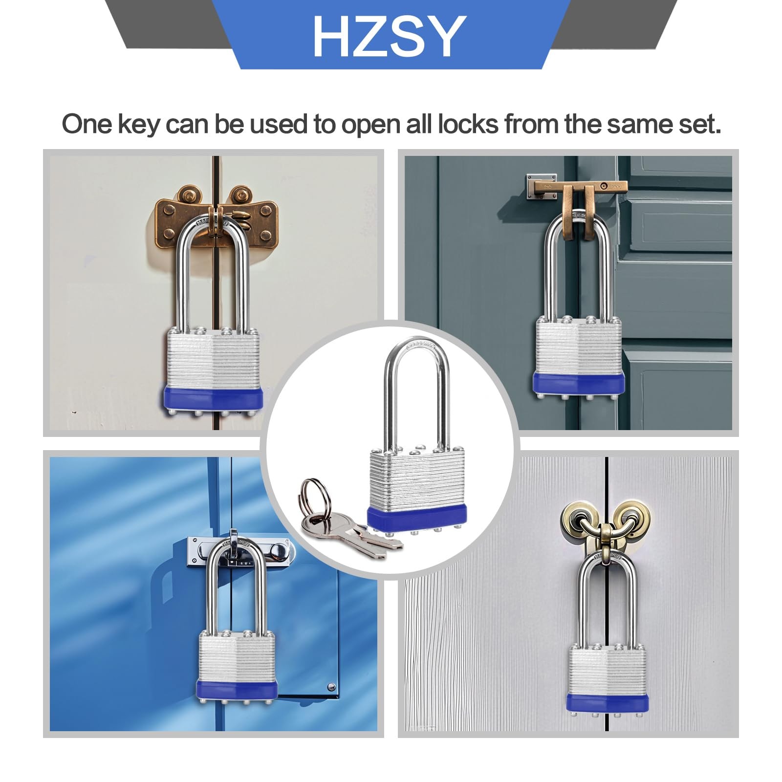 HZSY Padlocks Keyed Alike, Pack of 6, 6 PACK Long Shackle, Blue silver