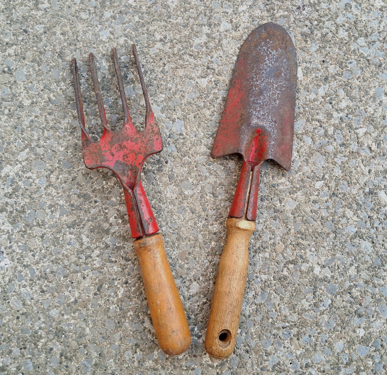 Vintage Garden Hand Tools Trowel Fork Set Wooden Handles Red Painted Rustic