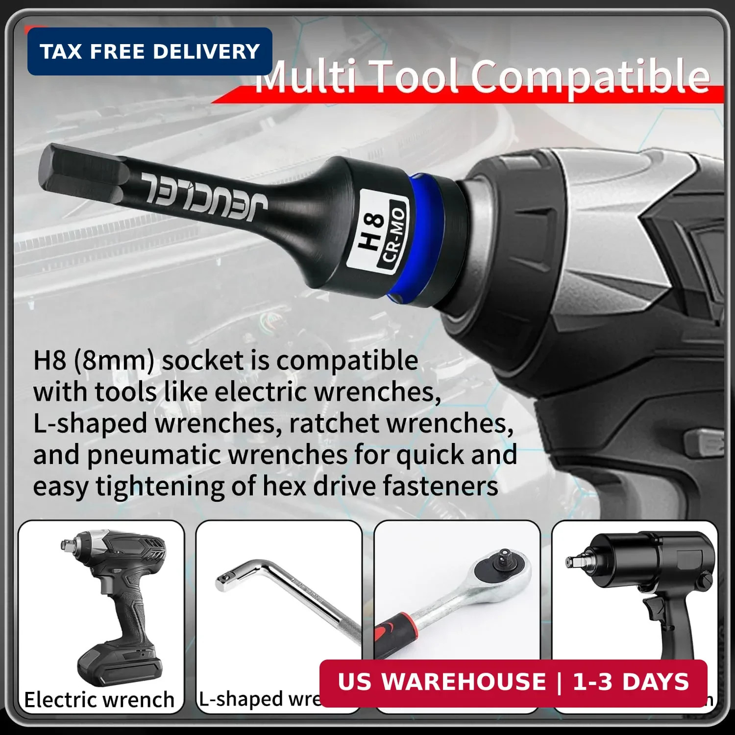8mm Hex Impact Bit Socket, H8 1/2″ Drive Allen Socket, Cr-Mo Steel | 3-Inch, Len