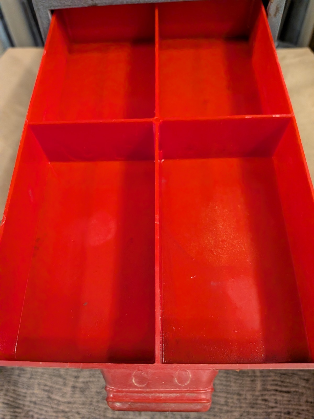 Vintage DUNLAP 4 Drawer Organizer Metal Cabinet Red Plastic Drawers Small Parts