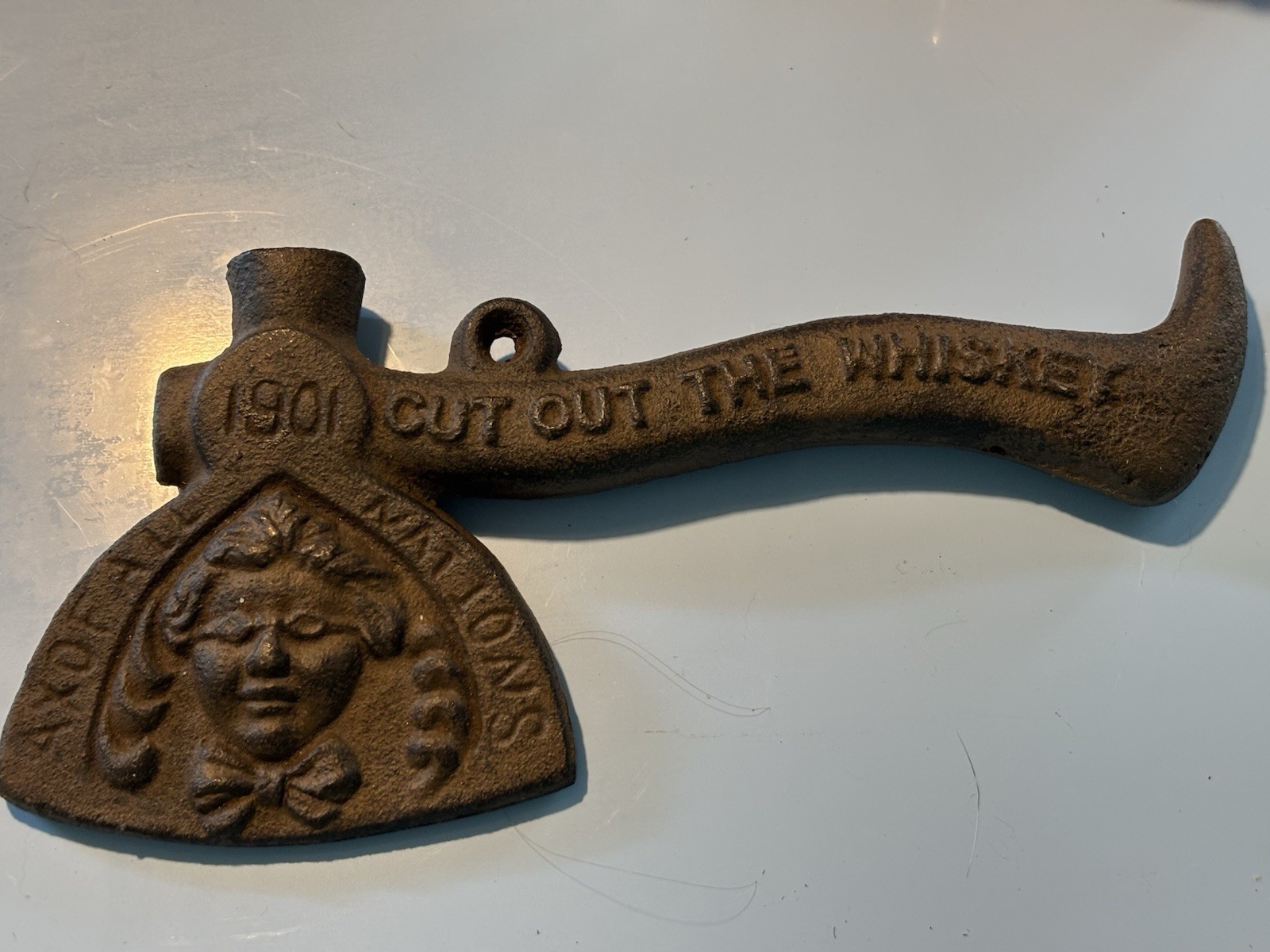 Old 1901 Carrie Nation hatchet/Stove Tool/Cast Iron Ad Prohibition Message