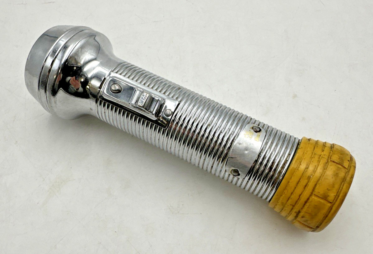 Vtg Fulton Ray-O-Vac Sportsman Chrome Flashlight 2 D Cell Battery Works RARE