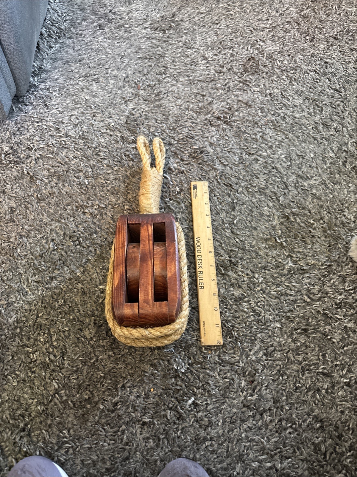 Vintage Nautical Wooden Double Pulley Block With Rope.