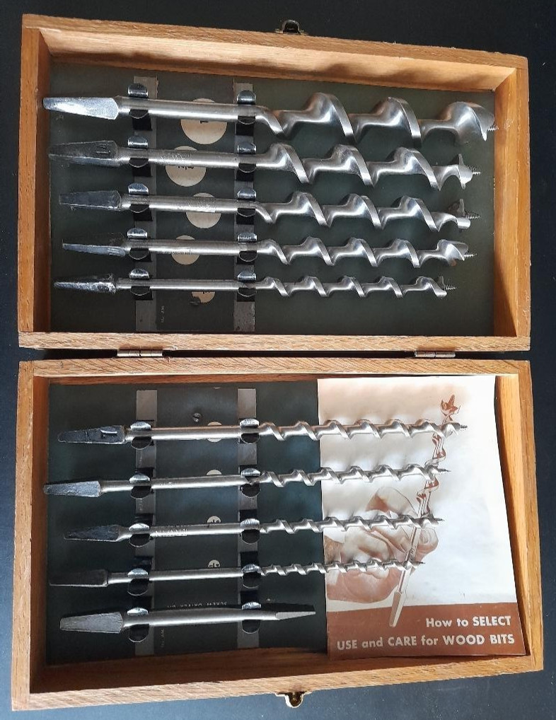 IRWIN 10-Piece Auger Bits AM Borchest Original Cardboard and Dovetail Wood Box