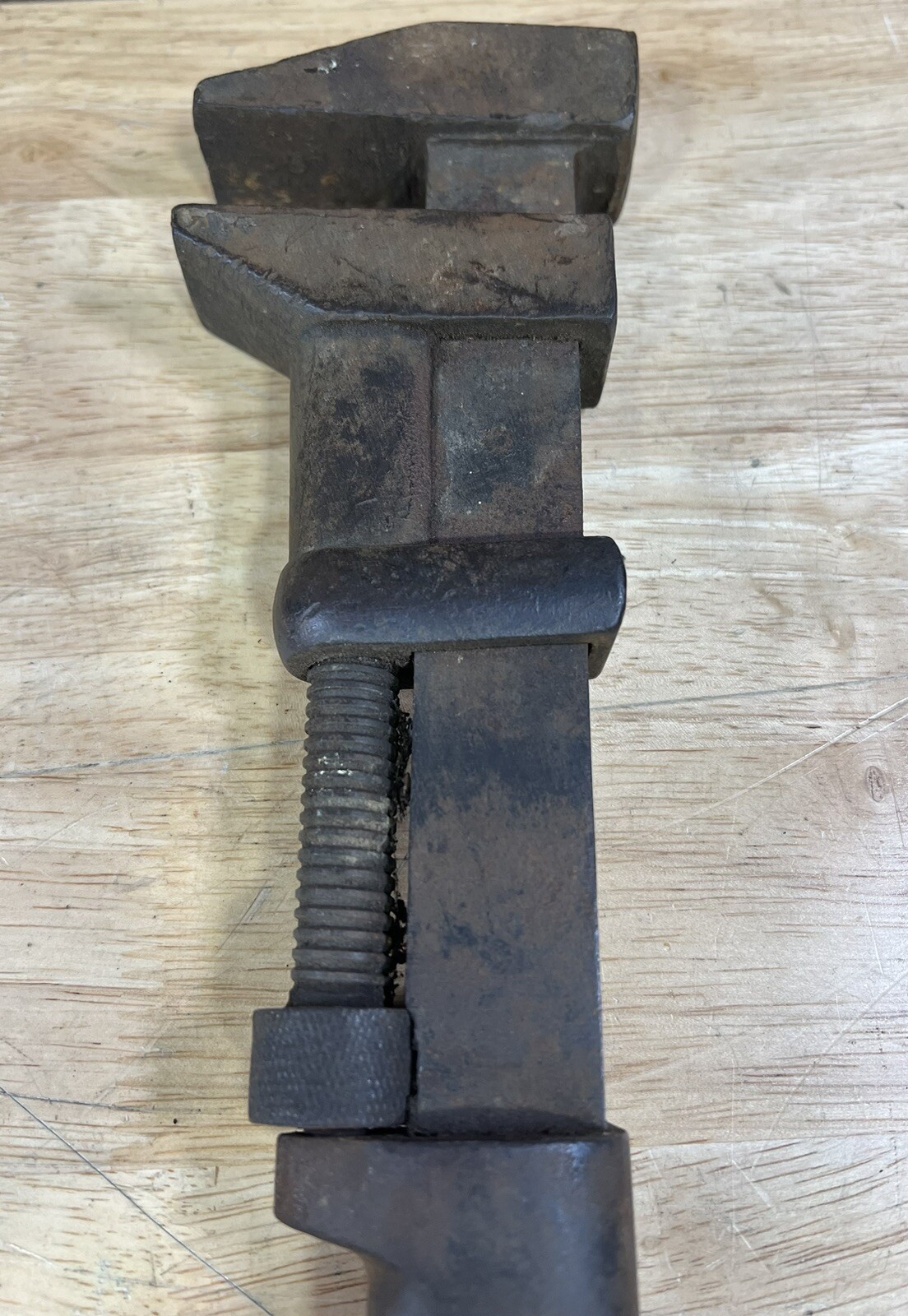 Antique Adjustable 15” Heavy Duty Monkey Wrench Wood Handle Solid Metal