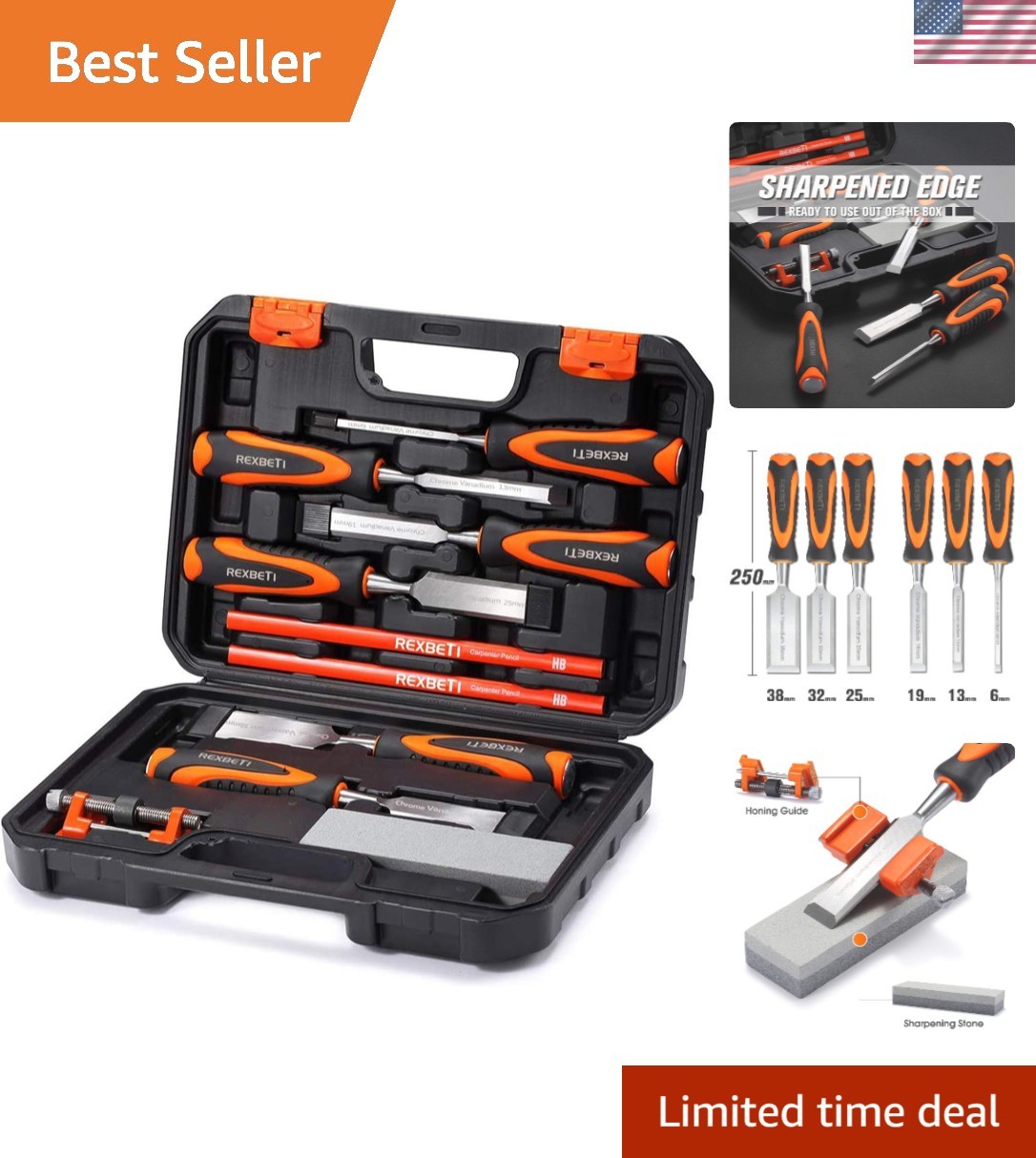 Complete Wood Chisel Kit: 10 Pieces, Including Pencils & Sharpening Tools