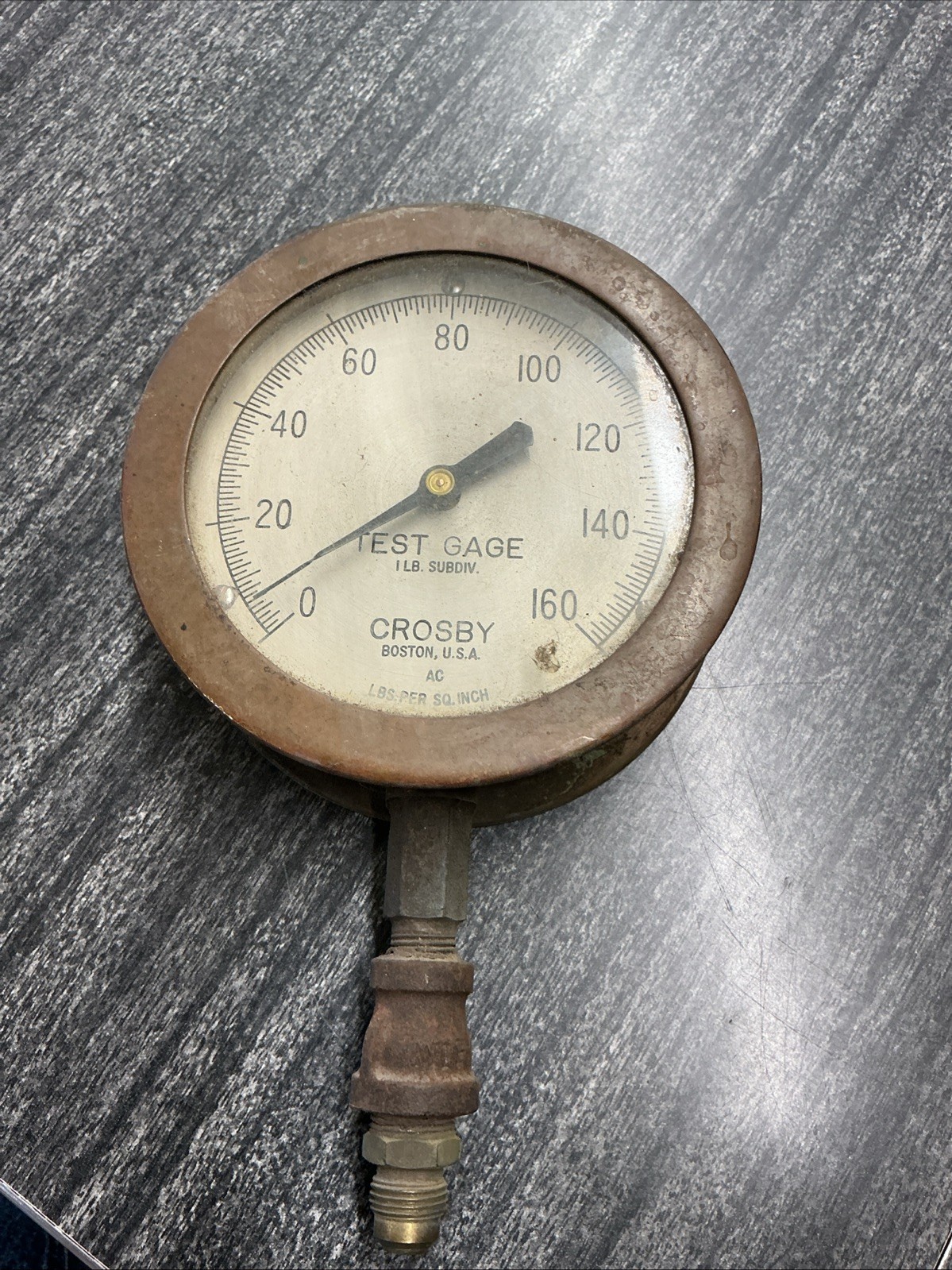 Antique Brass Steam Gauge 0-160 Crosby 1 Lb Subdivision