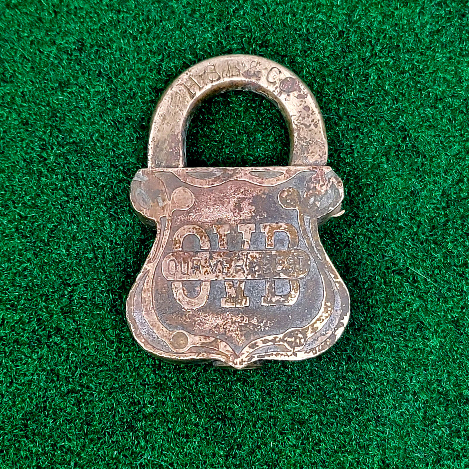 Antique Vtg 1909 Brass Padlock Lock OVB Our Very Best HSB Co Chicago Broken