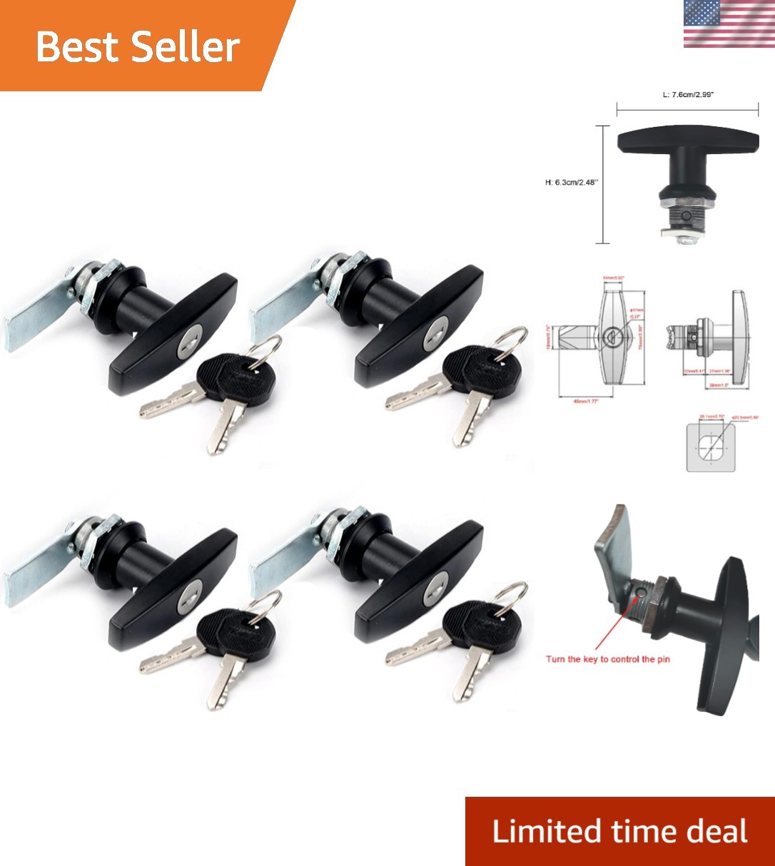4Pcs T-Handle Cabinet Locks with Keys for RV Truck Mailbox File Cabinet