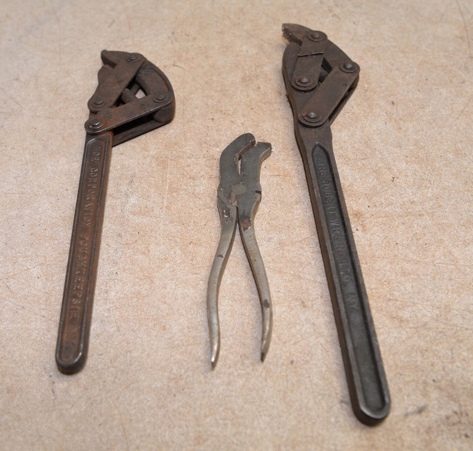 3 plier wrench lot Hjorth Jamestown NY 1902 & Hoe Poughkeepsie 1922 & more tool