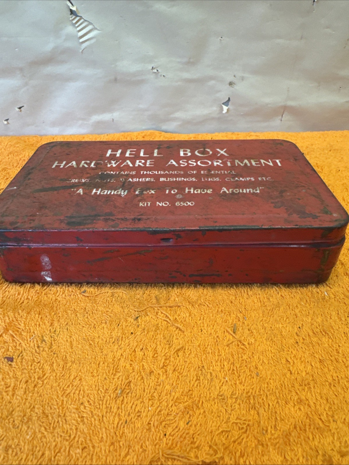 1H – Vintage Empty Red Hell Box Tin Tool Kit #6500 Measures 7.5”x4.5”x1”