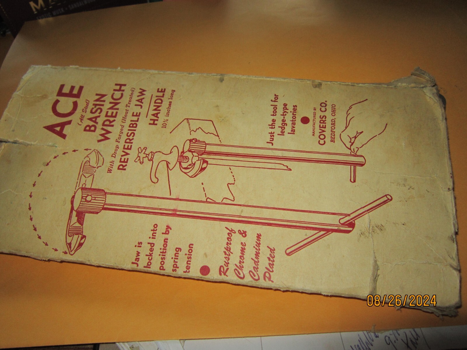 VINTAGE Antique ACE Basin Wrench Reversible Jaw by Covers Co ohio w box