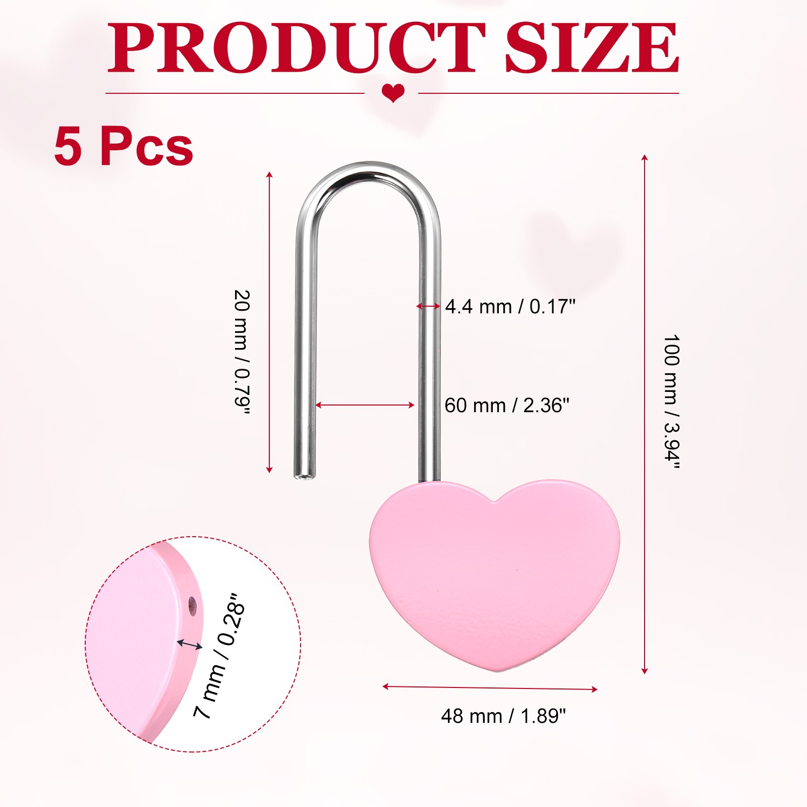 5Pcs 4″ (100mm) Love Heart Lock Alloy Steel Keyless, Pink