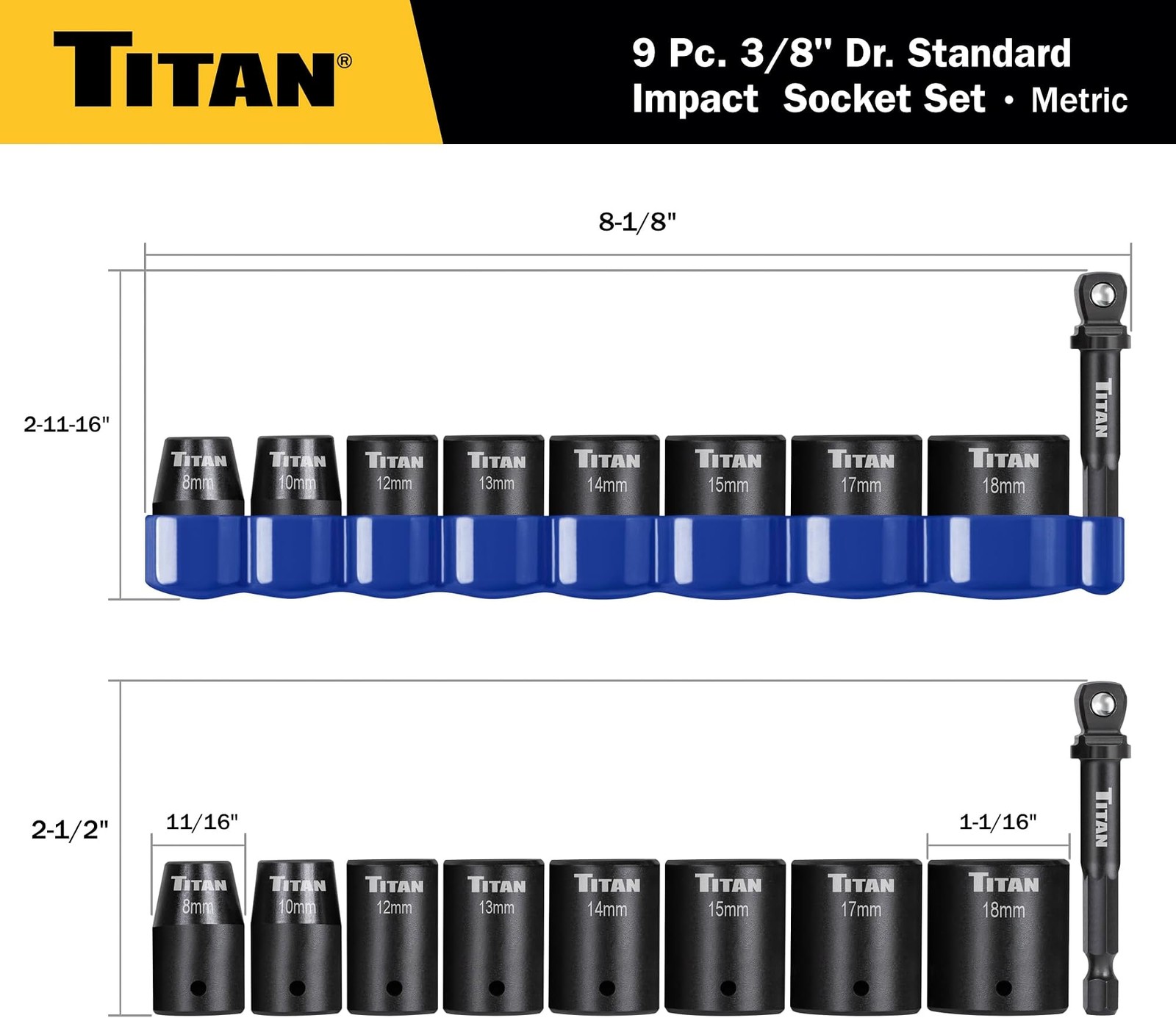 Titan 48201 9-Piece 3/8-Inch Drive Metric Shallow Impact Socket Set, 6-Point,…
