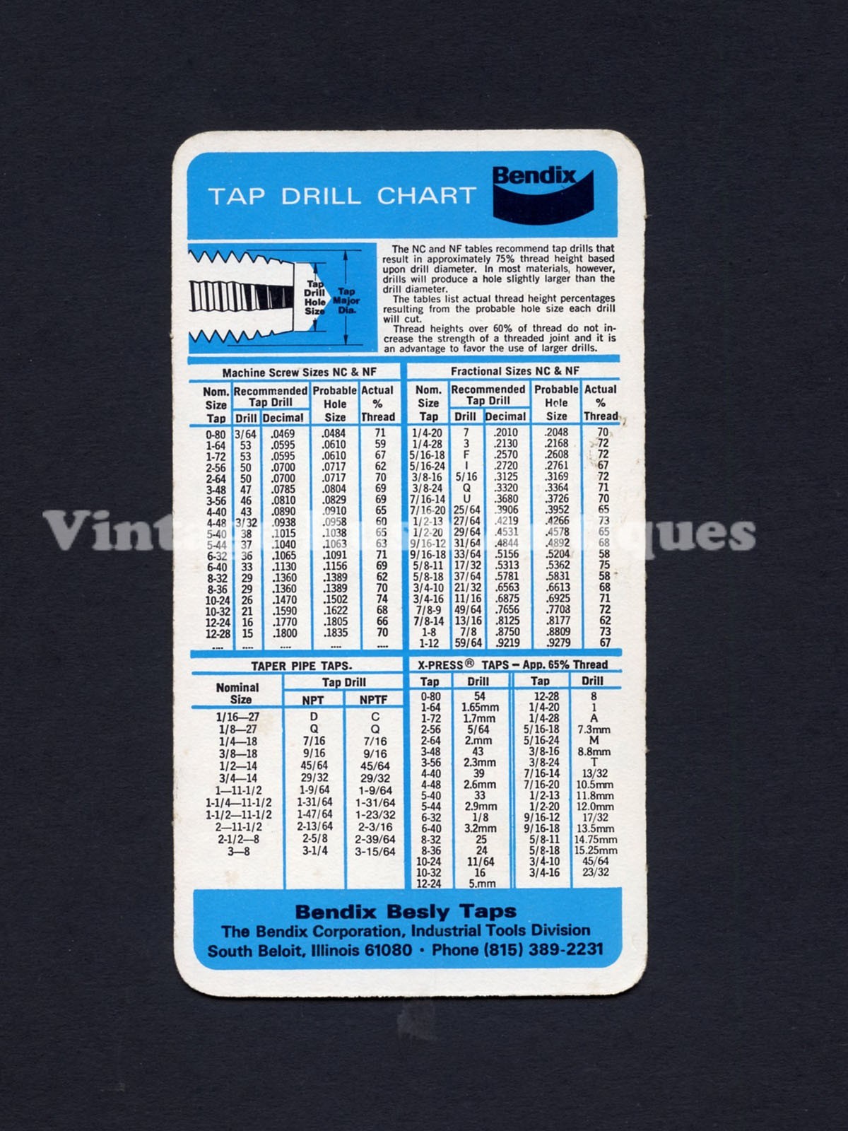 Vintage BENDIX Besly Tap Drill & Decimal Equivalents Pocket Chart Shop Card
