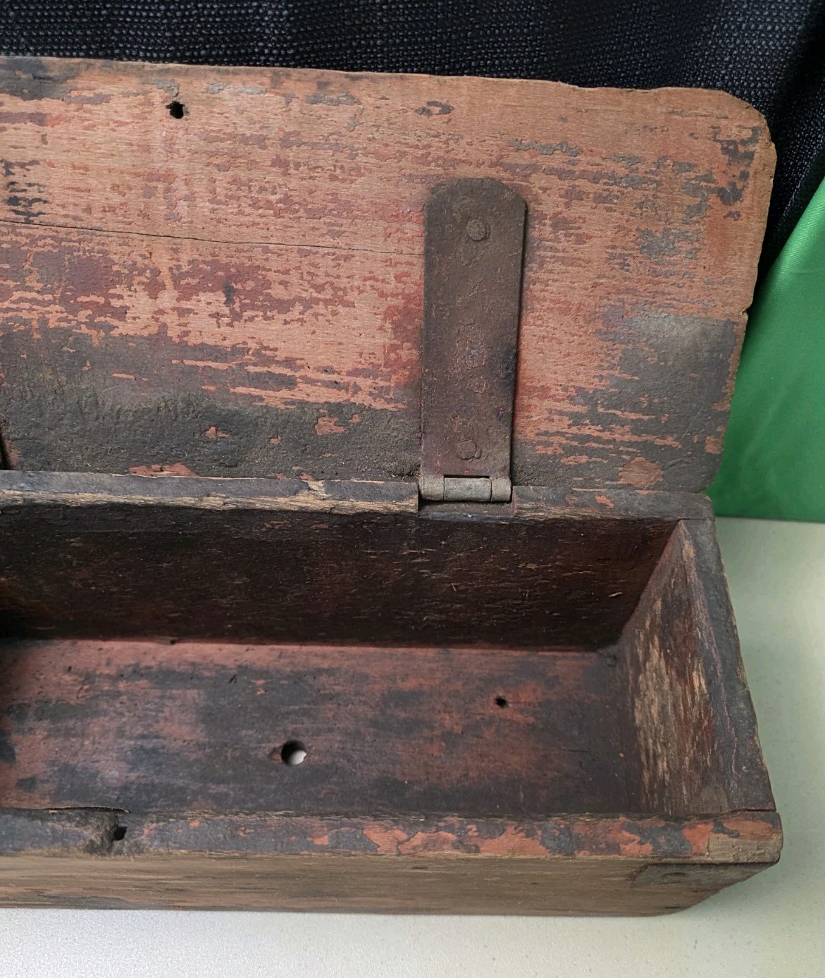 Antique Primitive Wood & Metal Farm Tractor Tool Box Oil Can Anti Tip Cone