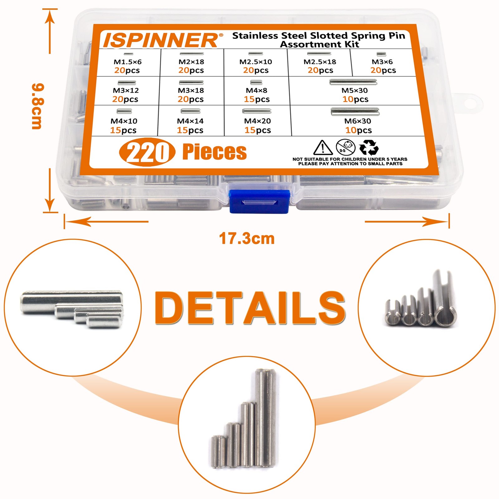 220pcs Roll Pin Set, Stainless Steel Slotted Spring Pin Assortment Kit M1.5 M2
