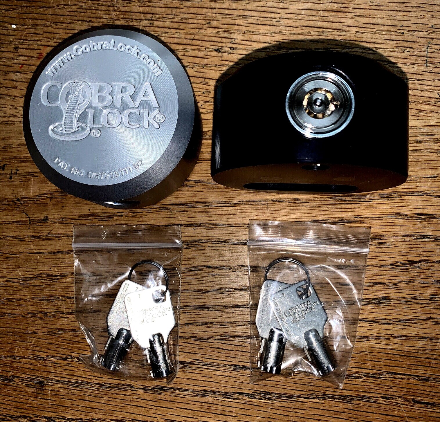 (3) COBRA HIDDEN SHACKLE PUCK LOCKS “ALUMINUM” PICK COLOR (6)ROUND TUBE KEYS