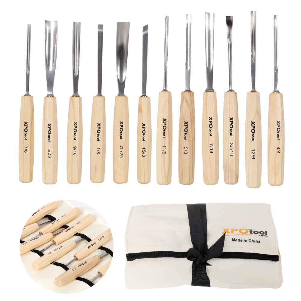 12-Piece Professional Wood Carving Chisel Set, Razor Sharp 60CRV Steel Blades