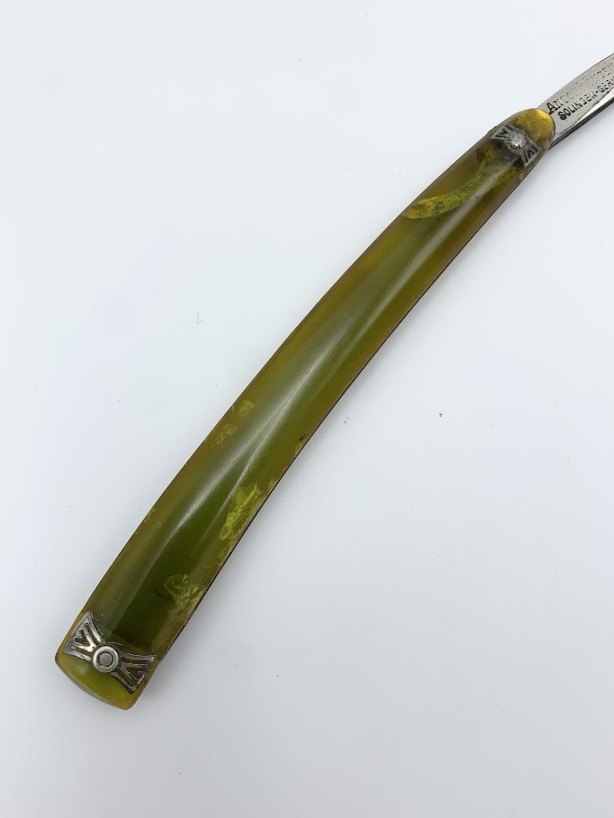 Anton Wingen Razor Green Celluloid Etched Blade Solingen Germany Othello Barber