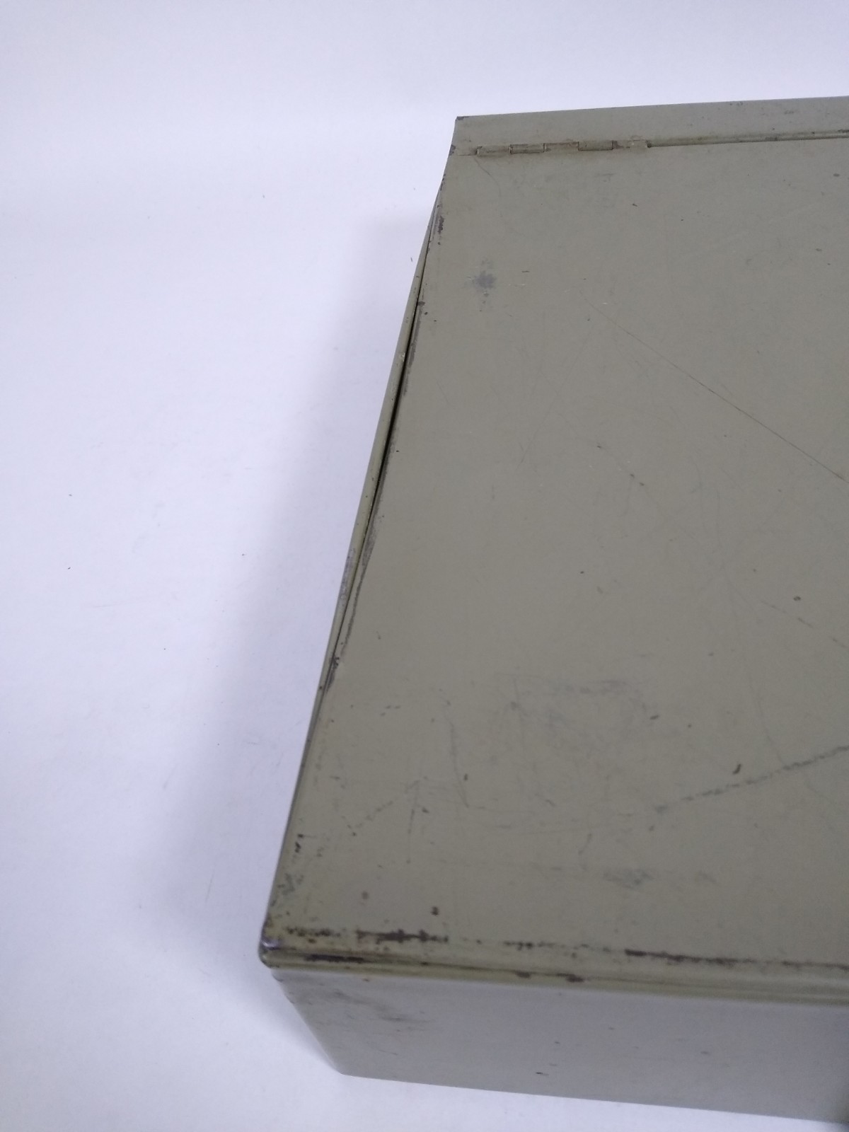 Vintage 2 Steel Storage Box w/ hinge lid, drawer, green, component, insert