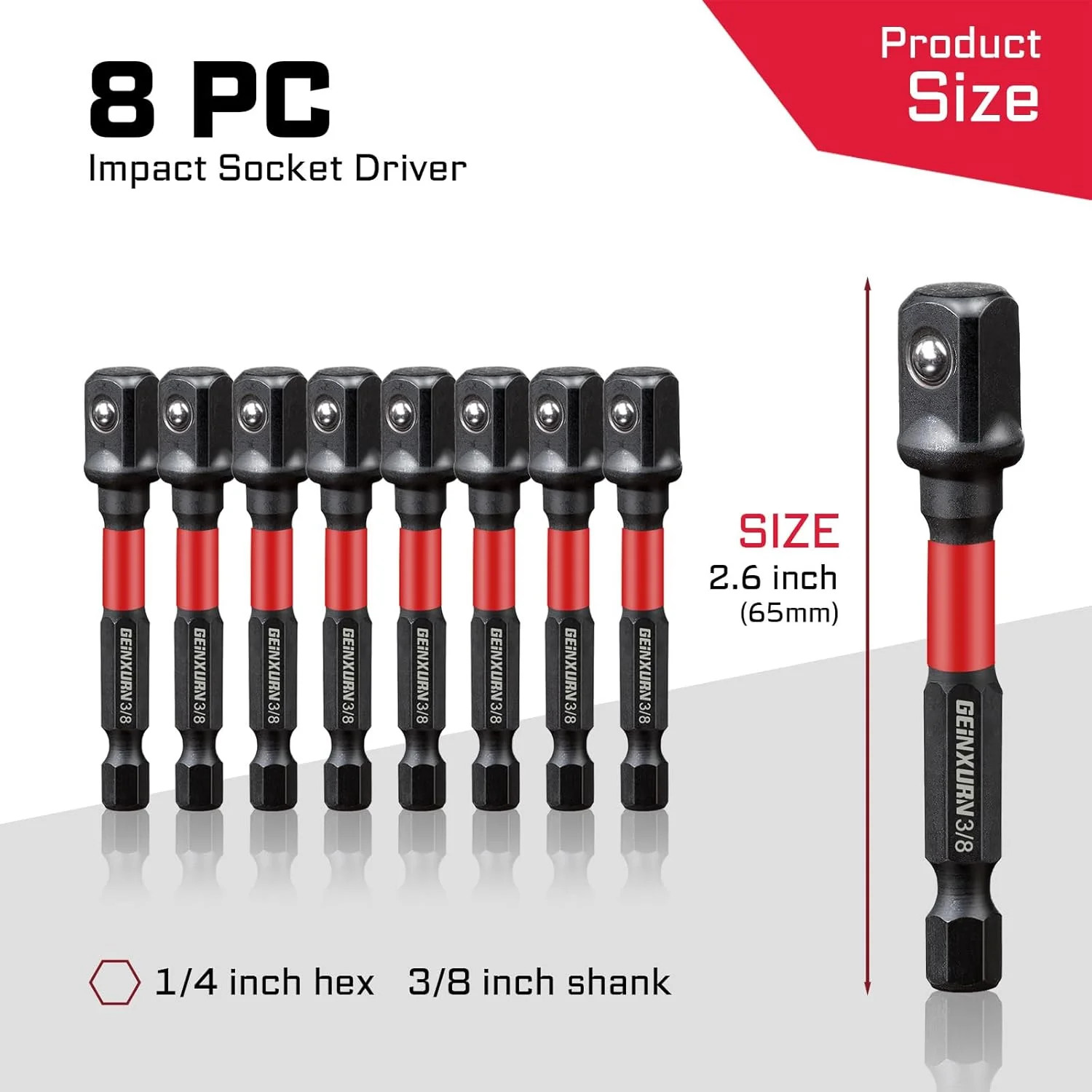 Geinxurn 8Pcs Impact Socket Adapter Set, 3/8″ Drive Square, 2.5Inches Extension