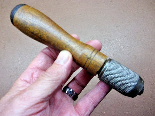 Antique Wood Handled Multi-Tool Handle Hand Drill 2-Jaws No Bits Clean Old Tool!
