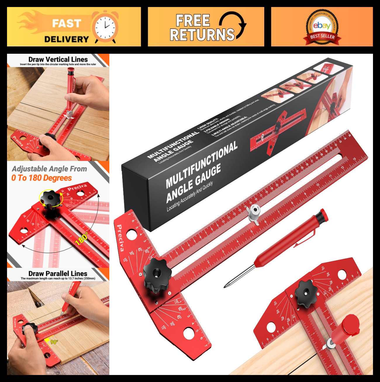 Adjustable Woodworking Combination Square 13.7in | Aluminum T-Square Ruler for A